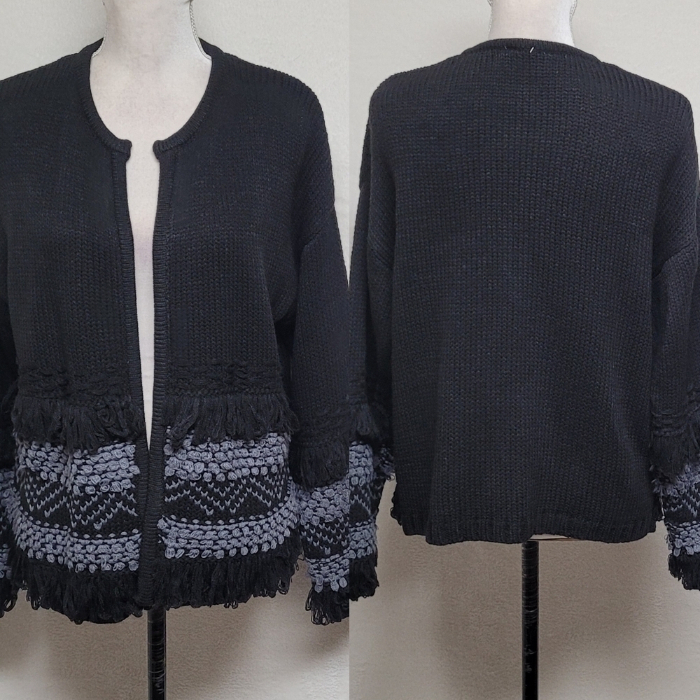 Wonderly Black Gray Zig-Zag Knit Bold Fringe Open Front Cardigan Sweater S NWT